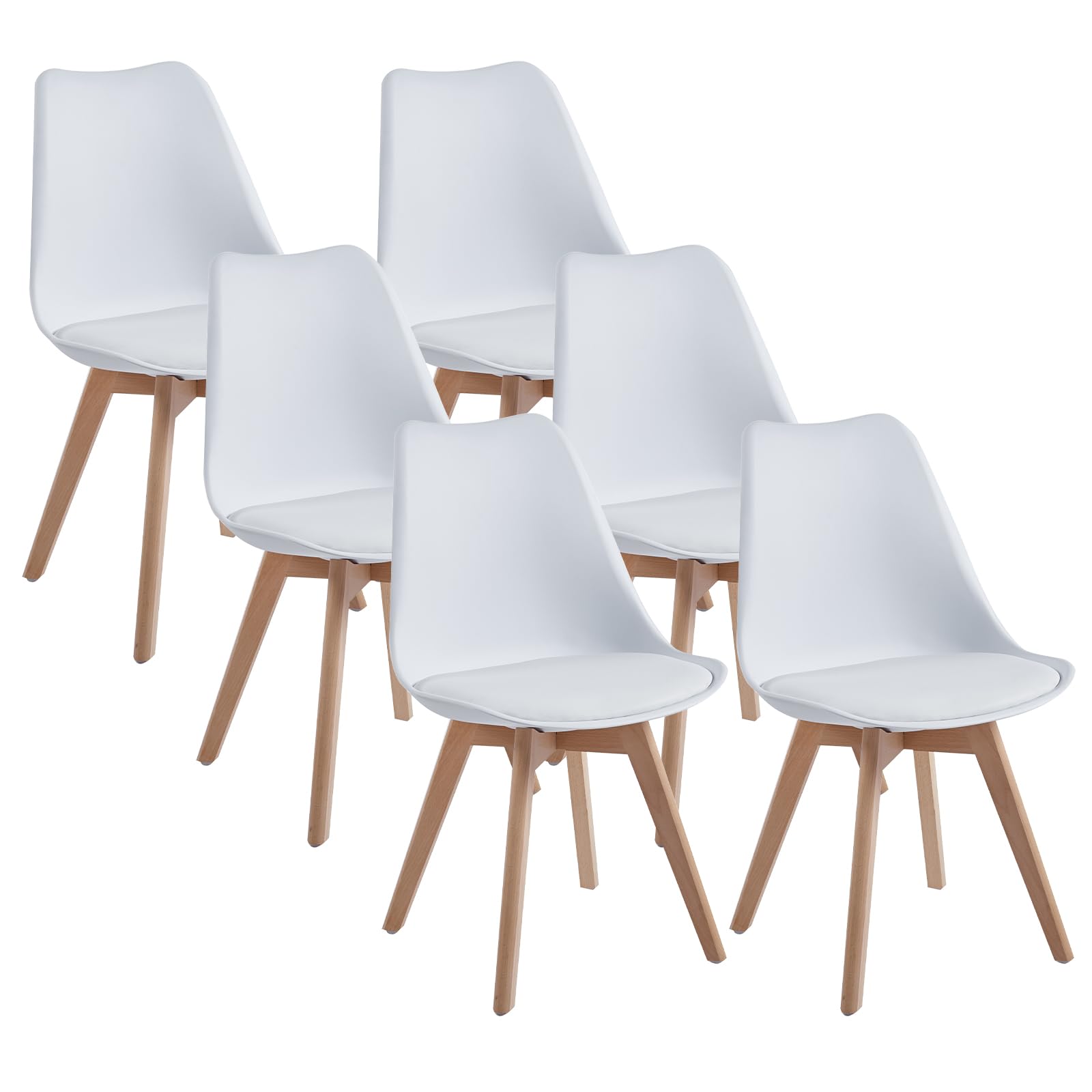 DEWINNER Set di 6 Sedie da Sala da Pranzo, Sedie Imbottite per Sala da Pranzo Con Gambe in Legno, Sedie da Pranzo Moderne, Sedia Ergonomica con Cuscino Integrato, Sedie da Cucina Scandinave, Bianco