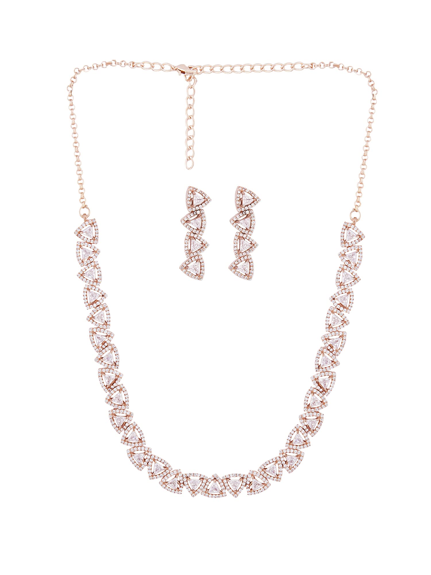 ZAVERI PEARLS Rose Gold Cubic Zirconia Triangular Bling Necklace Earring Set For Women-ZPFK15243 (B0BRXM3HD6) Amazon Price History, Amazon Price Tracker