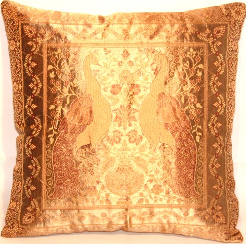 Indische Banarasi Seide Deko Kissenbezüge 40 cm x 40 cm, Extravaganten Golden Farbe, Pfau Design für Sofa & Bett… – Bild 4