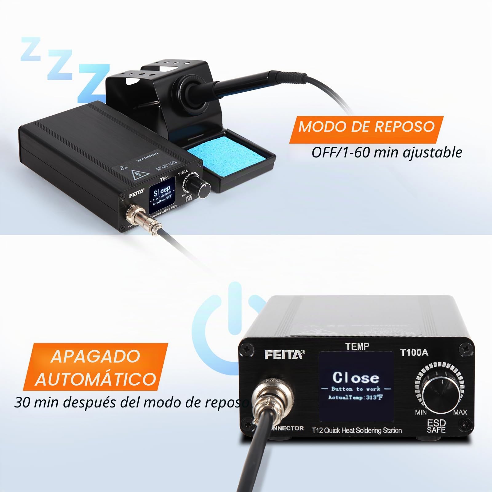 FEITA Kit de estación de soldadura digital T100A, 75 W, pantalla LCD, 4 canales, conversión °F-°C, apagado automático, incluye 3 puntas, cable de 15'