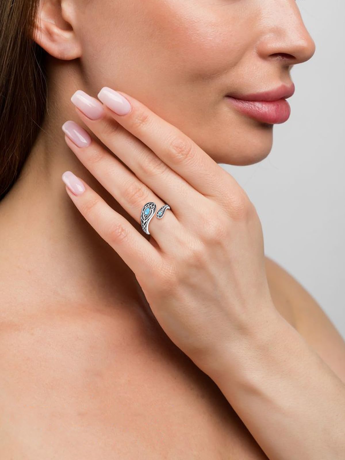 KINGWHYTE Anillo de plata de ley 925 con forma de cuchara de plumas y turquesa, ajustable, anillo abierto, turquesa occidental, regalo para mujer