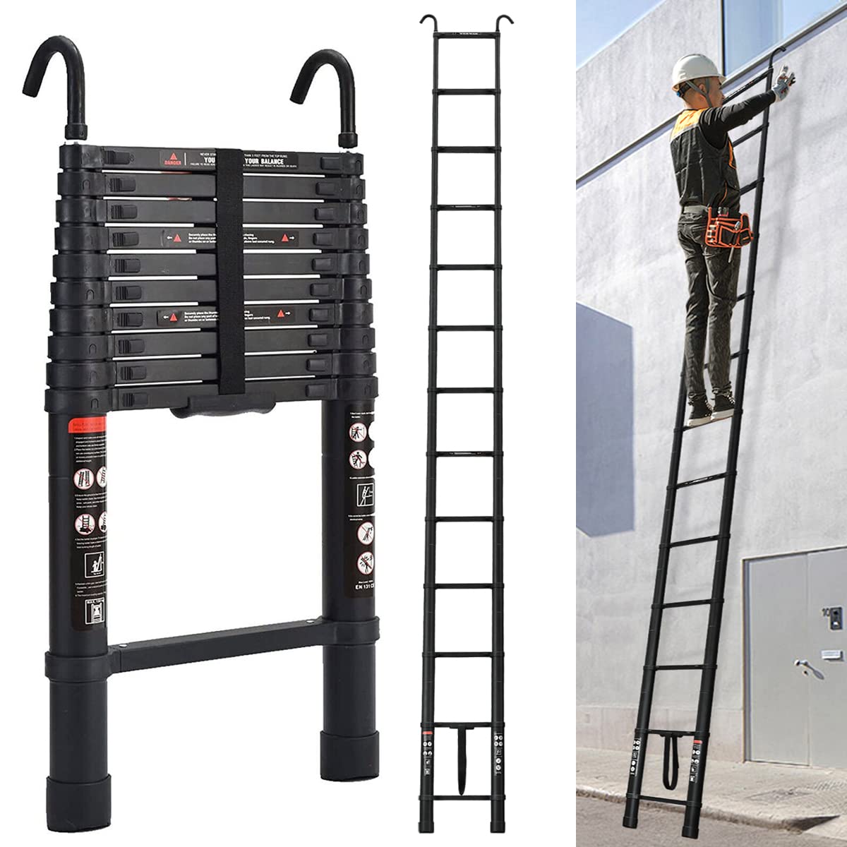 5M Teleskopleiter mit Haken, Rutschfester Ausziehleiter Klappleiter Schiebeleiter aus hochwertiges Alu, 13 Stufen Stehleiter Mehrzweckleiter, 150kg Belastbarkeit