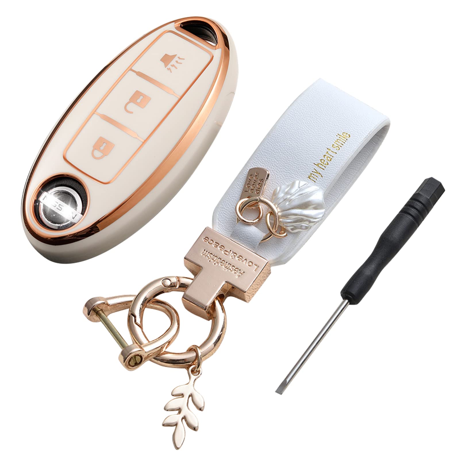 WEIFOU Fit for Nissan Key Fob Cover 3 Button, Smart Key Case for Altima Rogue Murano Pathfinder, Keys Shells with Keychain, Car Accessories Bling (RC3A White)