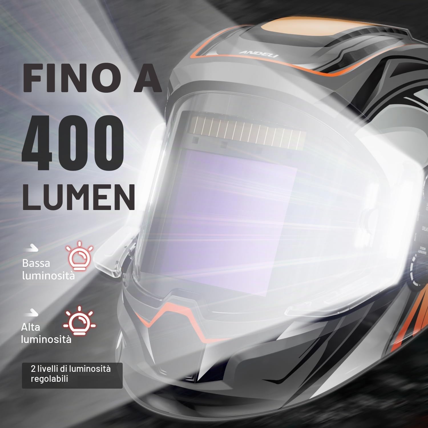 ANDELI Casco da Saldatore Panoramico180°con Visiera Laterale,100x95mm ampio campo visivo,Oscuramento Automatico 4/5-8/9-13,True Color,4 Sensori,Alimentazione Solare,Protezione UV/IR fino a DIN 16