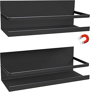Dreamhigh® Pack of 2 Magnetic Fridge Shelves, Maximum Load 5 kg, Magnetic Spice Rack with Shelf, Wall Shelf, Kitchen, Anti-Rust, for Spices, Jars, Bottle, Drinks, Black