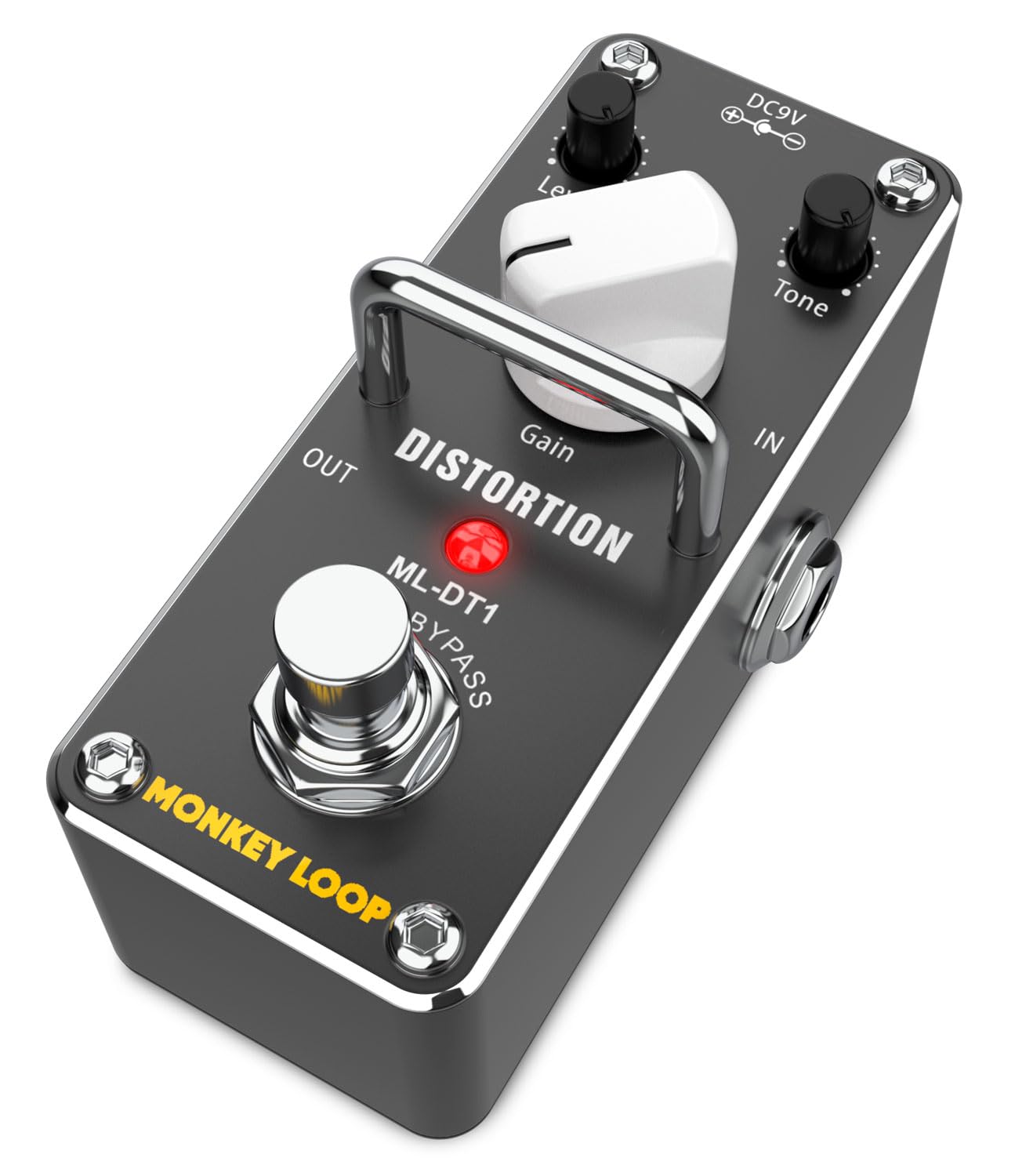 Abgewinkelt view of the MONKEY LOOP ML-DT1 Distortion Pedal, showing input, output, and power jacks.