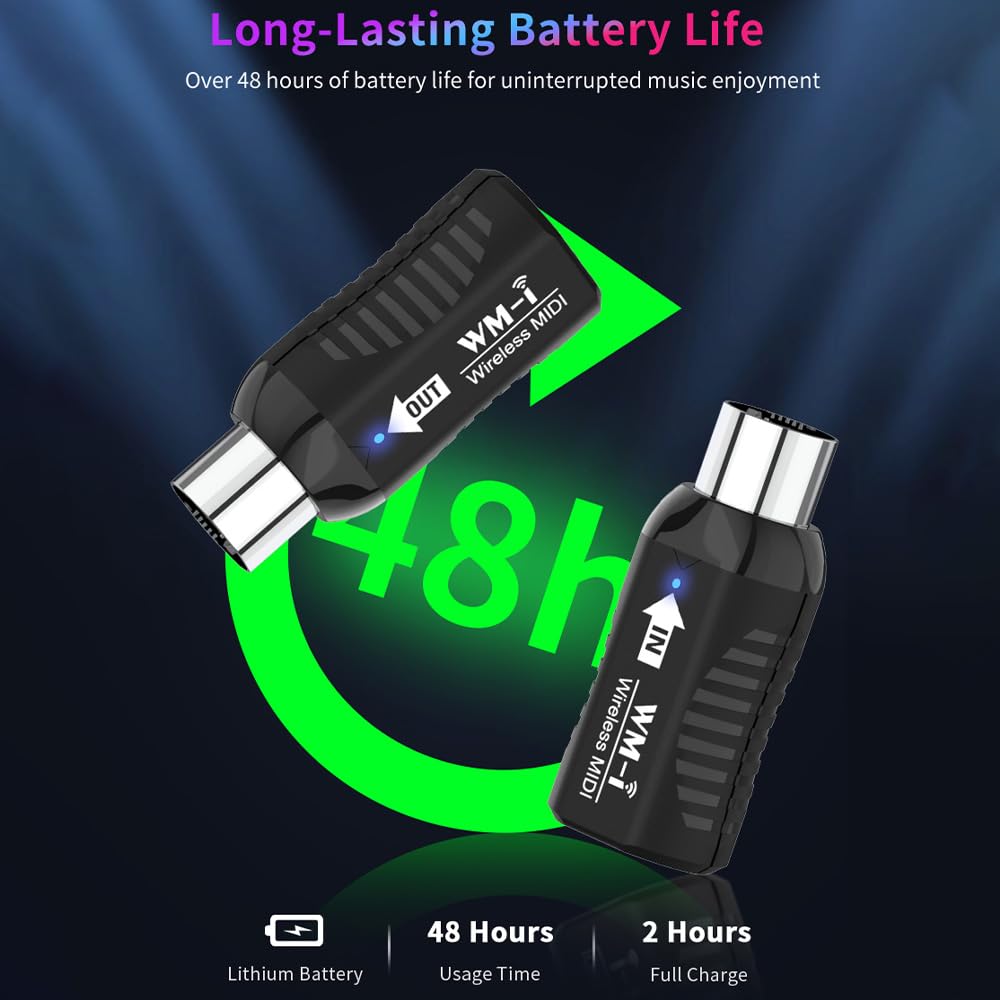 Gavigain MIDI Adapter, Ultra Low Latency, 10m Range, 48 Hours Battery Life, for Keyboard, Guitar, Wind Instruments, Portable and Easy Setup