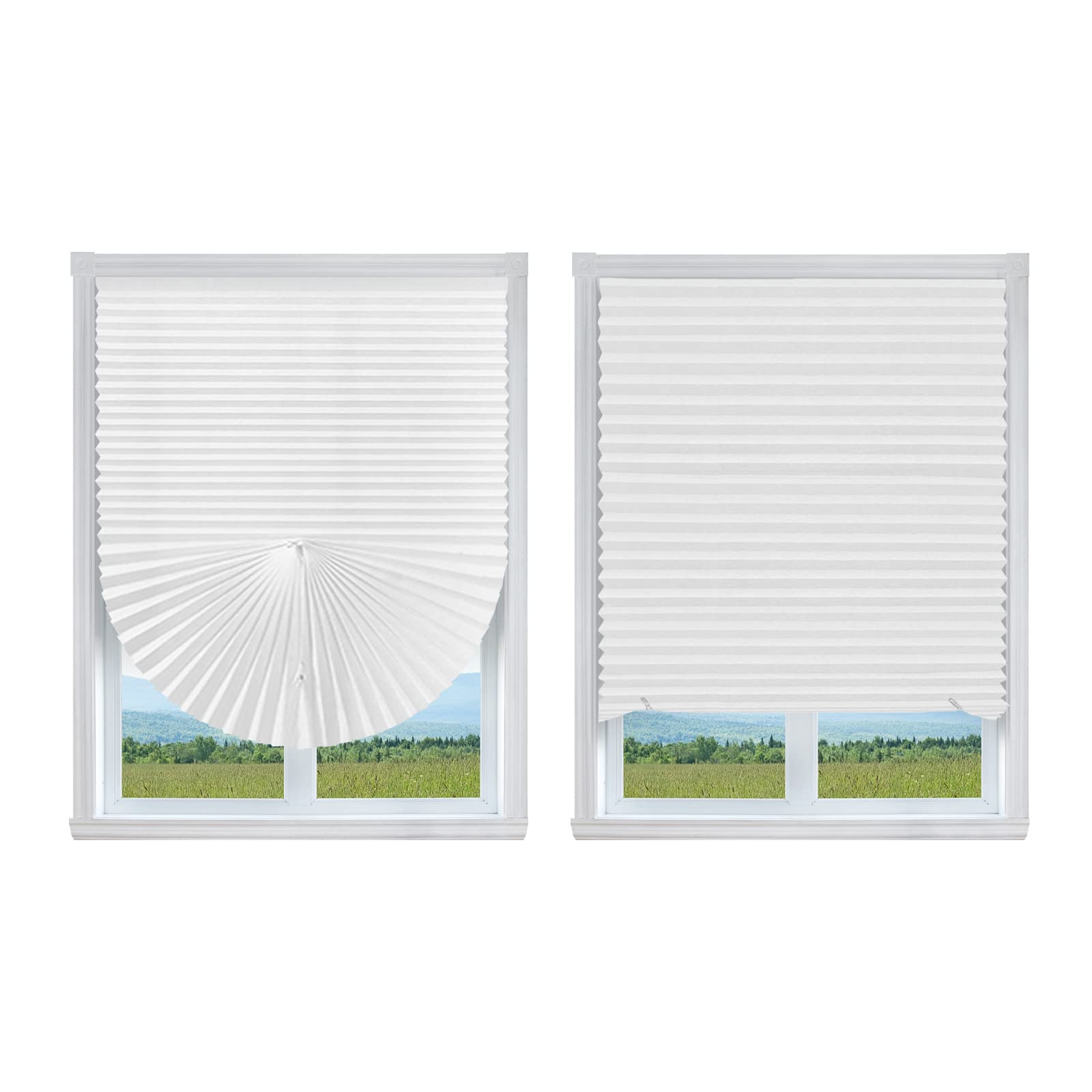 2 Pack No Drill Blinds Pleated Fabric Blind Light Filtering Shade Instant Stick on Window Blinds for Bedroom Kitchen Bathroom Office Window with 4 Clips (White - 2 Packs, 60 * 150cm/24 x 59 Inch)