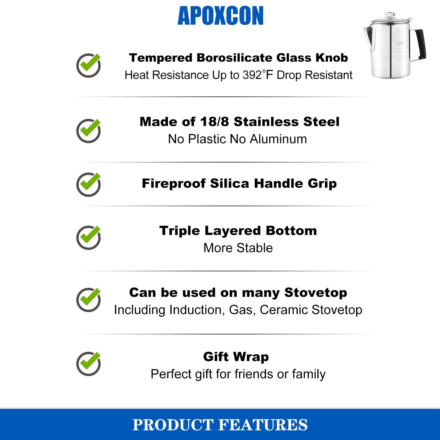 APOXCON Edelstahl-Kaffeemaschine mit hitzebeständigem, robustem Glasdeckel und Silikagriff, Camping-Kaffeekanne für Lagerfeuer – 9 Tassen
