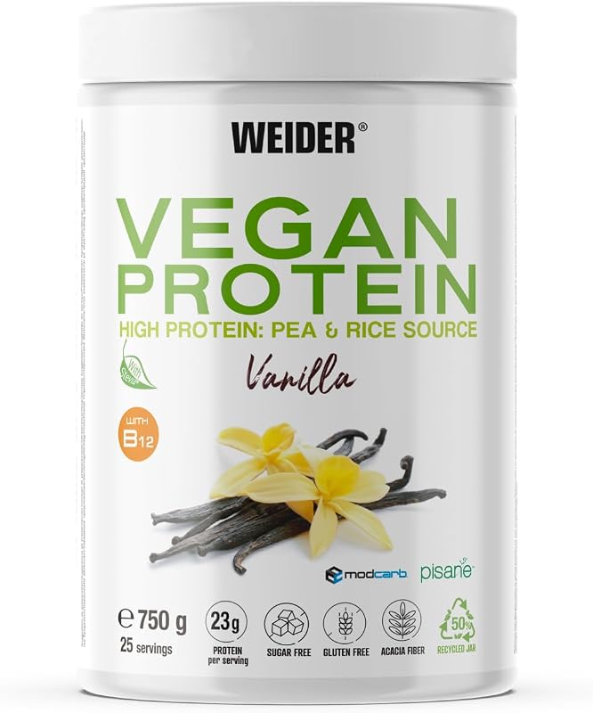 Weider Vegan Protein (750g) Sabor Vainilla. Proteína Vegana 23g/dosis Aislada Guisante (Pisane) y Arroz. Con Vitamina B12 y Stevia. Sin Gluten, Sin Azúcar. Bote 50% Reciclado, 100% Reciclable