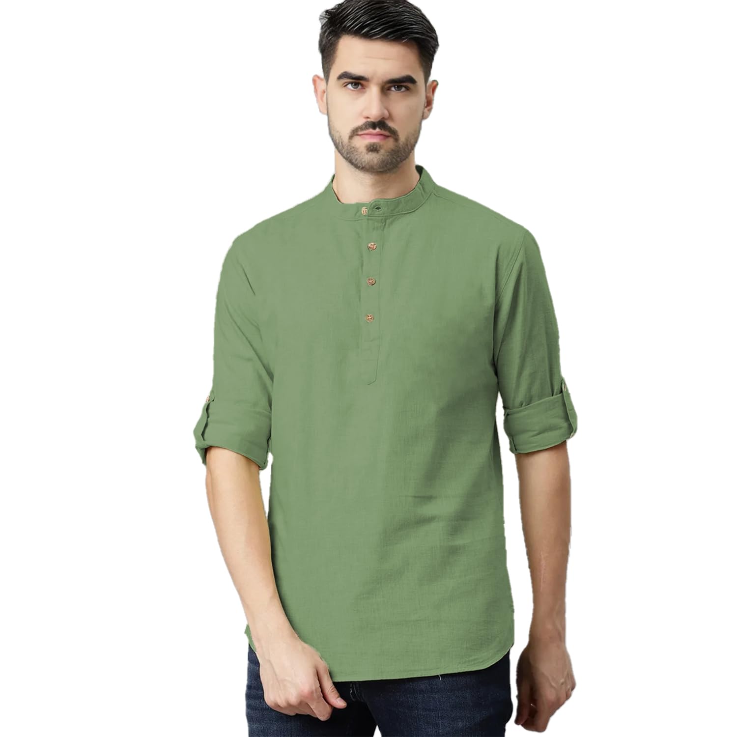 Men's Slim Fit Full Sleeve Mandarin/Chinese Collar Cotton Short Kurta for Men and Boys (KRT_BTN08)-image-42