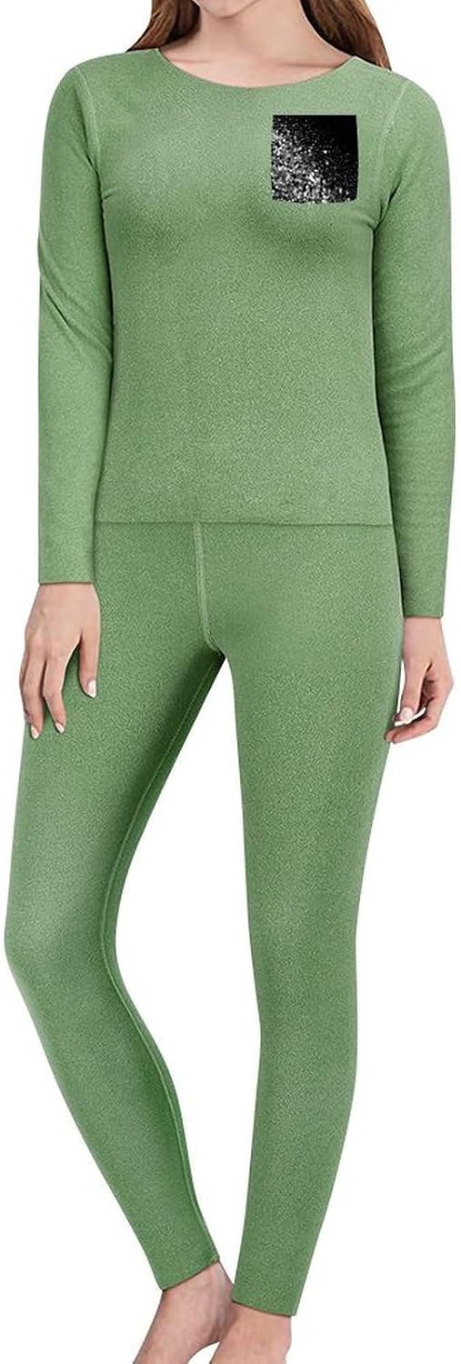 Women's Fleece Lined Thermal Set - Cold Weather Long Johns Ultra-Soft Black White Glitter Printed Base Layer