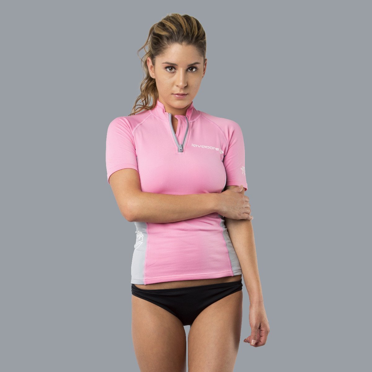 New Women's LavaCore Short Sleeve LavaSkin Shirt (3X-Small) with Front Zipper (Pink/Grey)