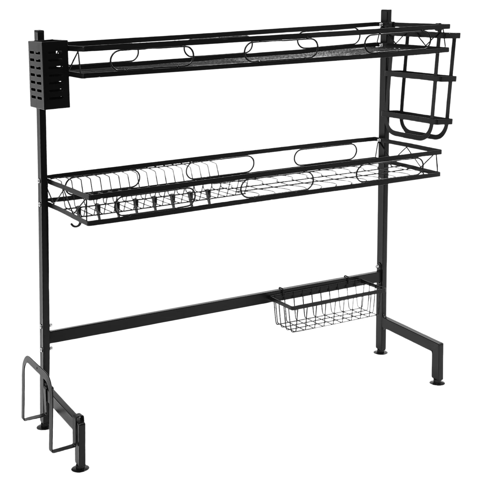 Geschirr Abtropfgestell Über Spüle 2 Ebenen 10 Kg Pro Ebene Karbonstahl Mit Messerhalter Schneidebrettablage Besteckkorb Haken Verstellbare Anti-Rutsch-Saugnäpfe 2 Breiten Wählbar 62cm (82cm)