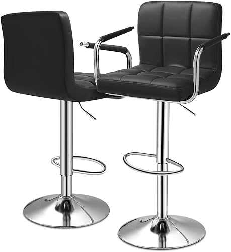 MoNiBloom Juego de 2 taburetes de bar ajustables con reposabrazos con respaldo cuadrado, modernos taburetes de bar giratorios con reposapiés para