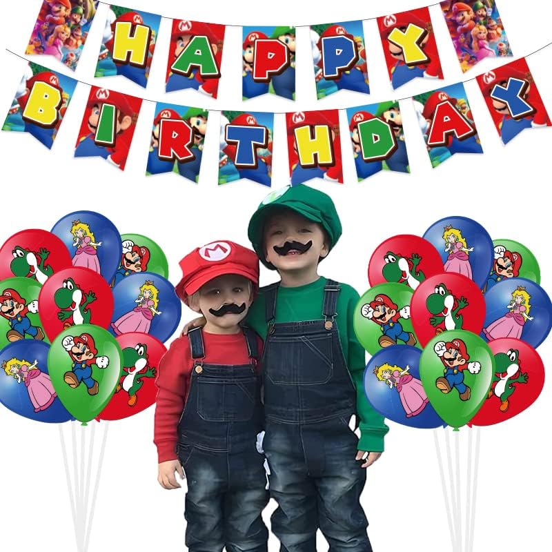 Miniatura 2 de Suministros de fiesta de Super Brother, decoración de fiesta de cumpleaños con temática de Mario incluye pancarta, telón de fondo, globos,