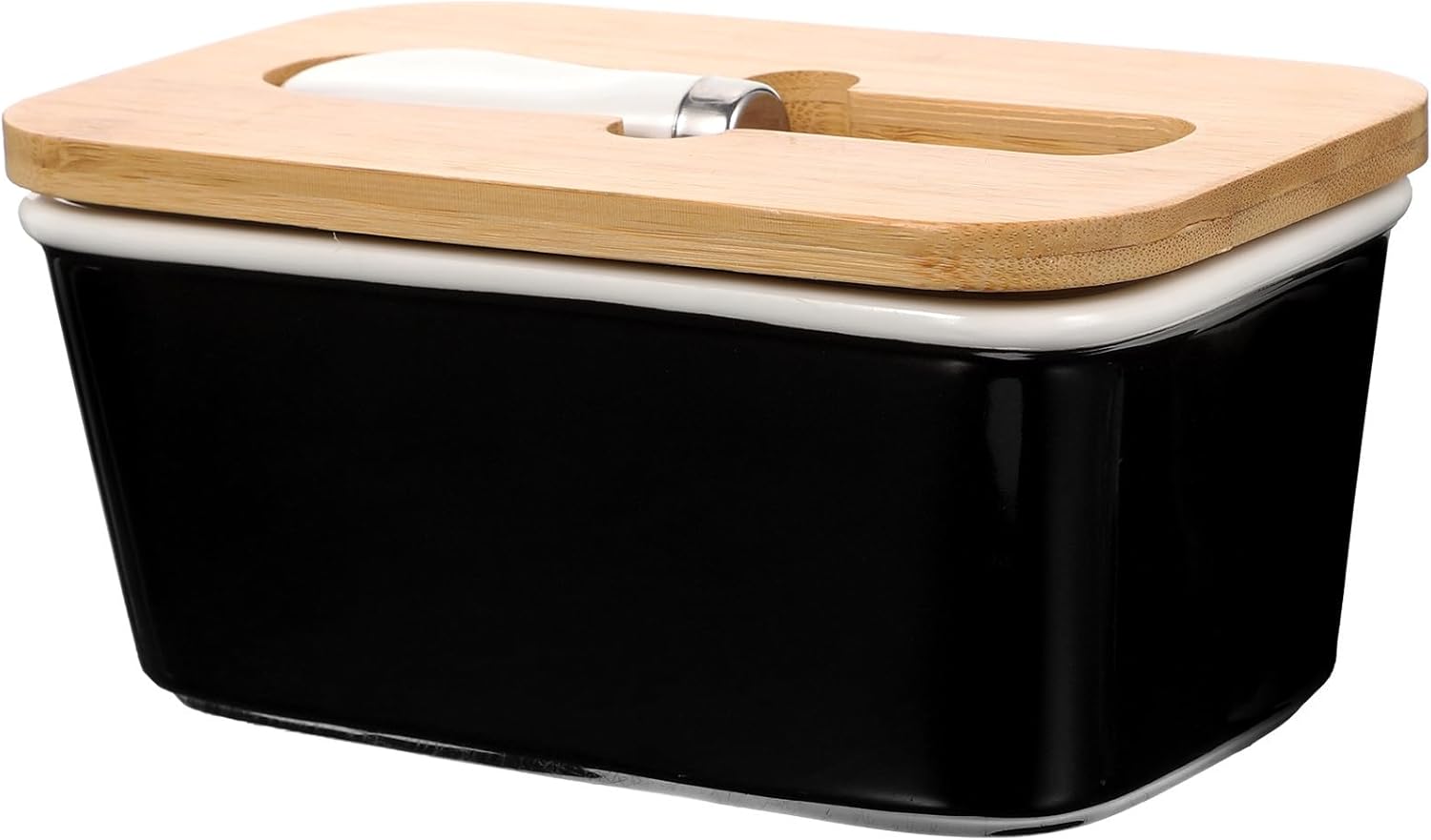 Operitacx Ceramic Butter Box with Lid and Slicer Knife, Black Butter Storage Dish Set for Kitchen Food Preservation and Table Use