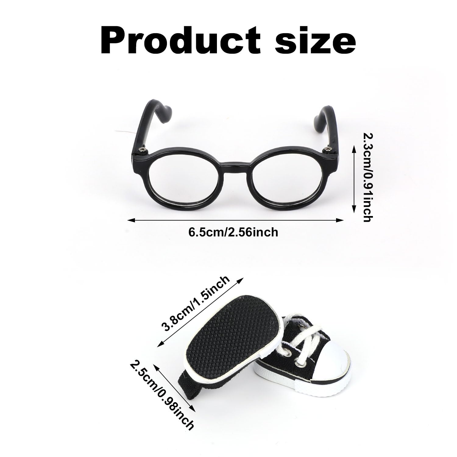 Mikovivi 2pcs 17cm Doll Shoes & Glasses, Fashion Mini Lace-Up Canvas Casual Sneakers & Eyeglasses Cute Doll Outfit Accessories (Black) - Image 2