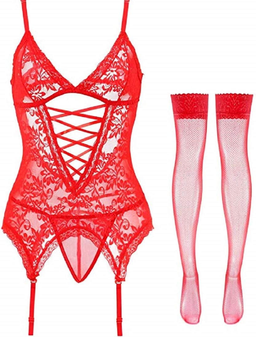 Women’s Lingerie Stretchy Lace Teddy Free Size Bodysuit Chemise Nightwear with Stockings