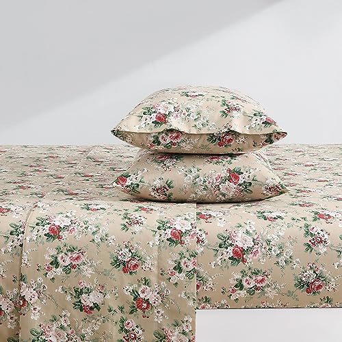 Image of Laura Ashley - Full Size Sheet Set, Crisp & Lightweight Cotton Percale Bedding with Fitted Sheet and Pillowcases, Floral Room Decor, Deep Pocket, College Dorm Room Essentials (Ashfield Beige)