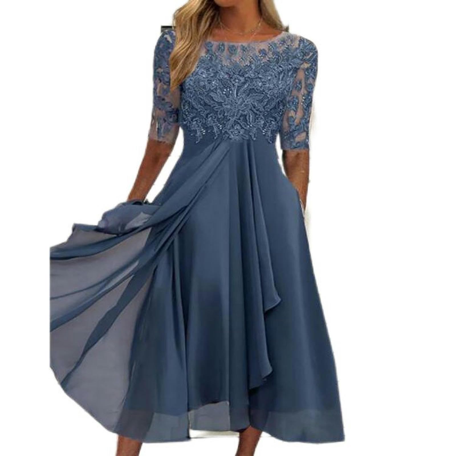 WEITING Brautjungfer Abendkleid Spitze halbärmelig Chiffon Kleid Lila