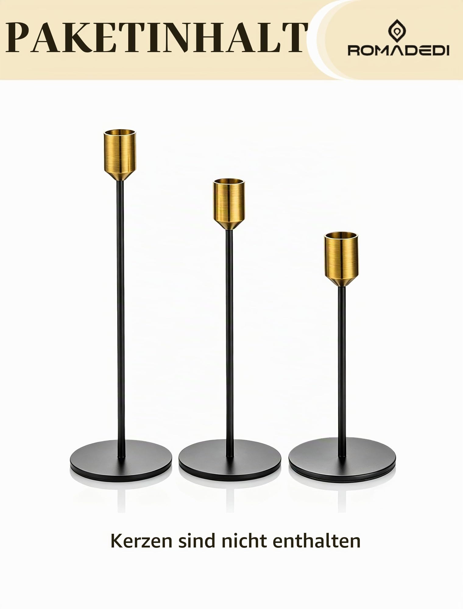 Romadedi Kerzenständer für Stabkerzen, 3er-Set, Gold und Schwarz | Metal Kerzenhalter Modern Drei Höhen: 22, 28 und 32 cm für Weihnachten Esstische, Hochzeiten und festliche Deko