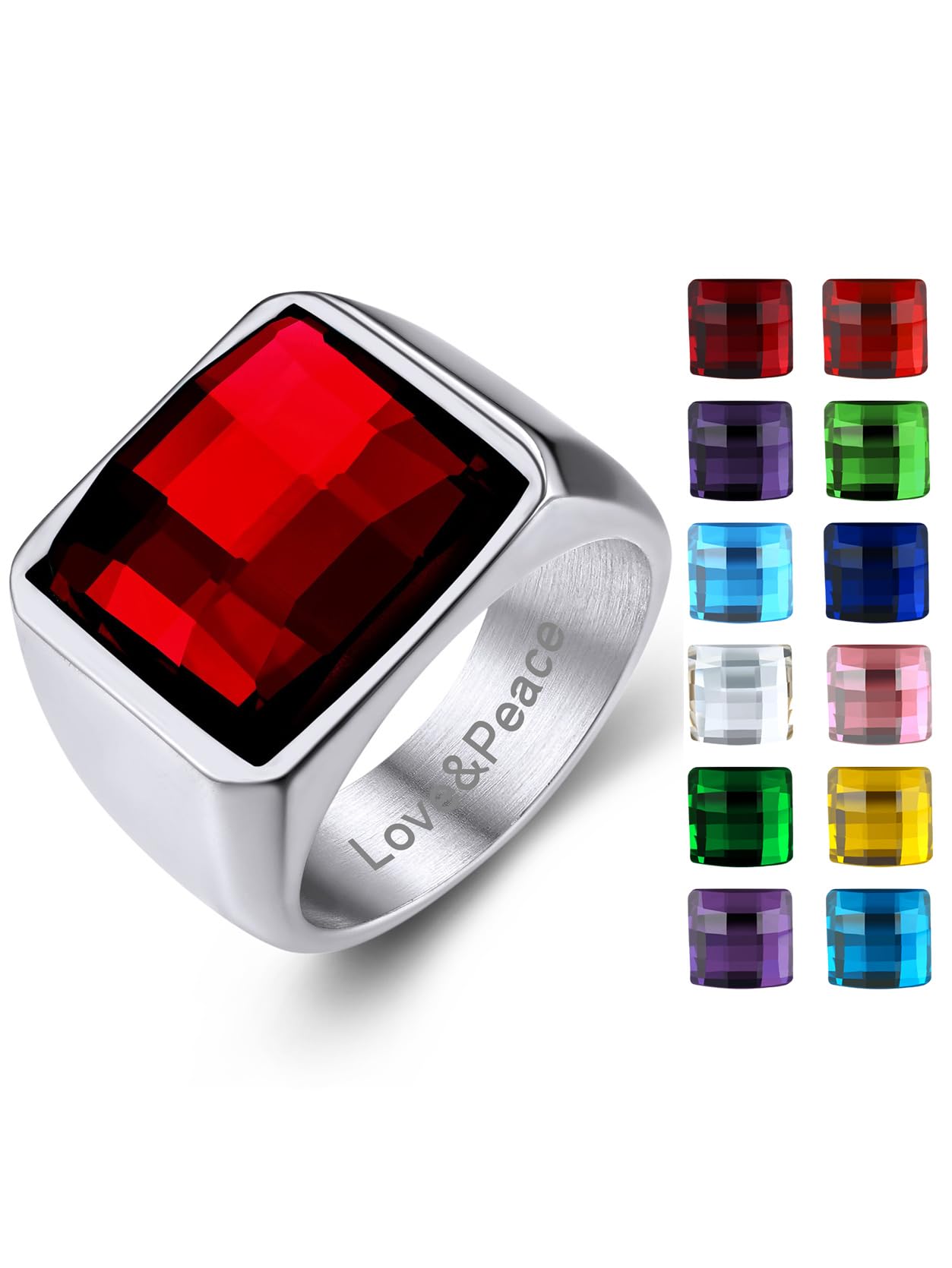 KeyStyle Square Gemstone Signet Rings for Men, Personalized Stainless Steel Pinky Ring with Black Onxy Blue Topaz Birthstone Statement Ring