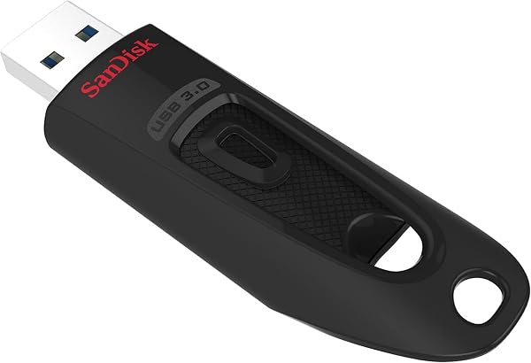 La clé USB SanDisk Ultra 128 Go, avec son design rétractable et sa finition noire, prête à l'emploi.