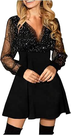 Amazon.com: Glitter Sequin Dresses for Women Mesh Long Sleeve Swing