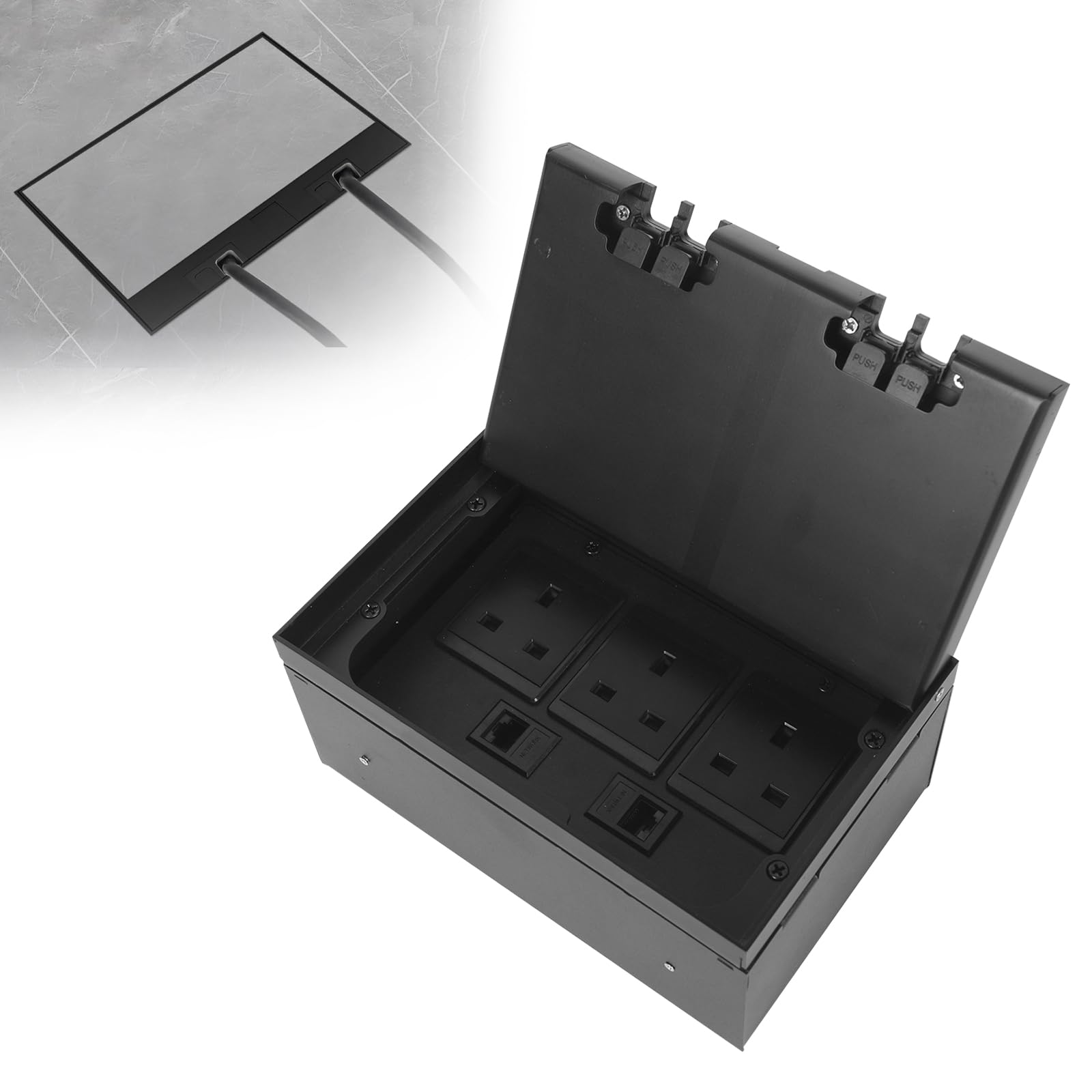 Recessed Hidden Floor Socket, Stainless Steel Floor-mounted Electrical Outlet Box, 250VAC 13A Waterproof Power Socket Outlet Box for Kitchen Office, Concealed (Black, 3AC+2CAT6)