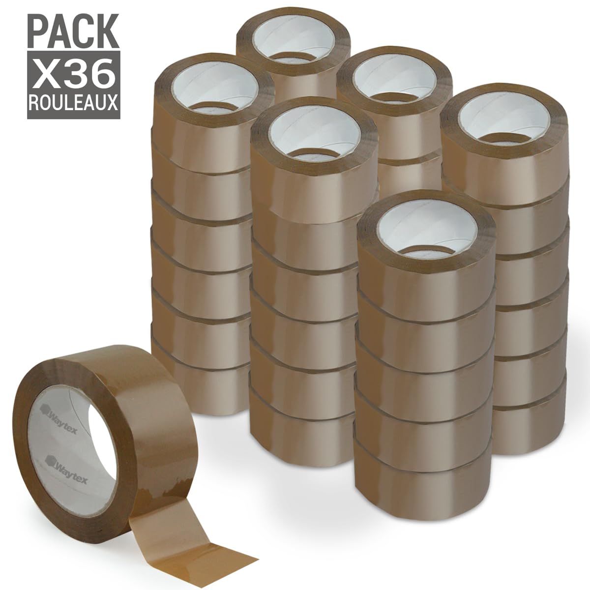 Waytex Pack de 36 rouleaux de Ruban Adhésif d'Emballage Pro MARRON 66m x 50mm, Silencieux, en Polypropylène épaisseur 50 microns