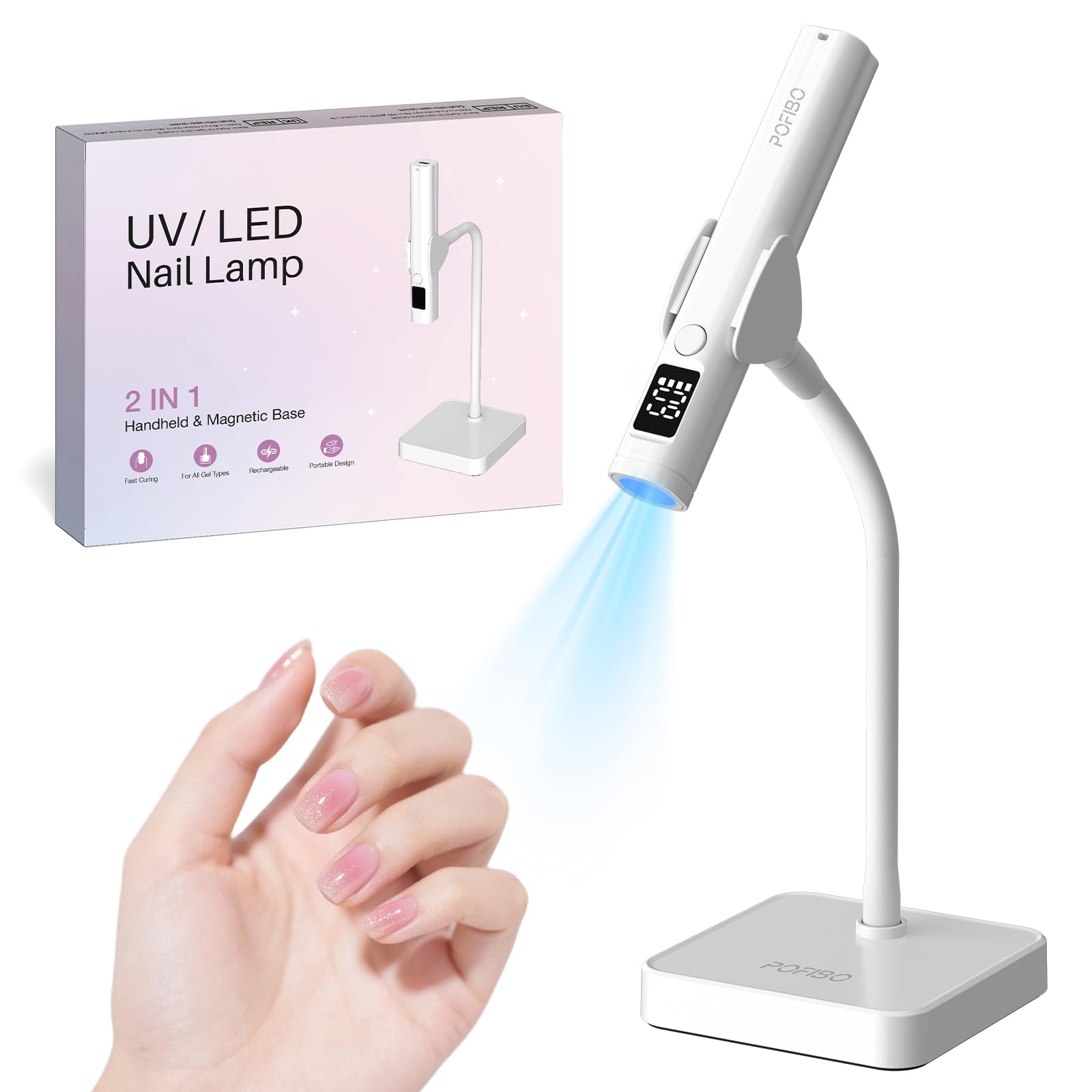POFIBO Lampada per unghie a LED UV portatile, ricaricabile, portatile, con supporto, display LCD, timer 20s/60s, luce UV senza fili USB-C