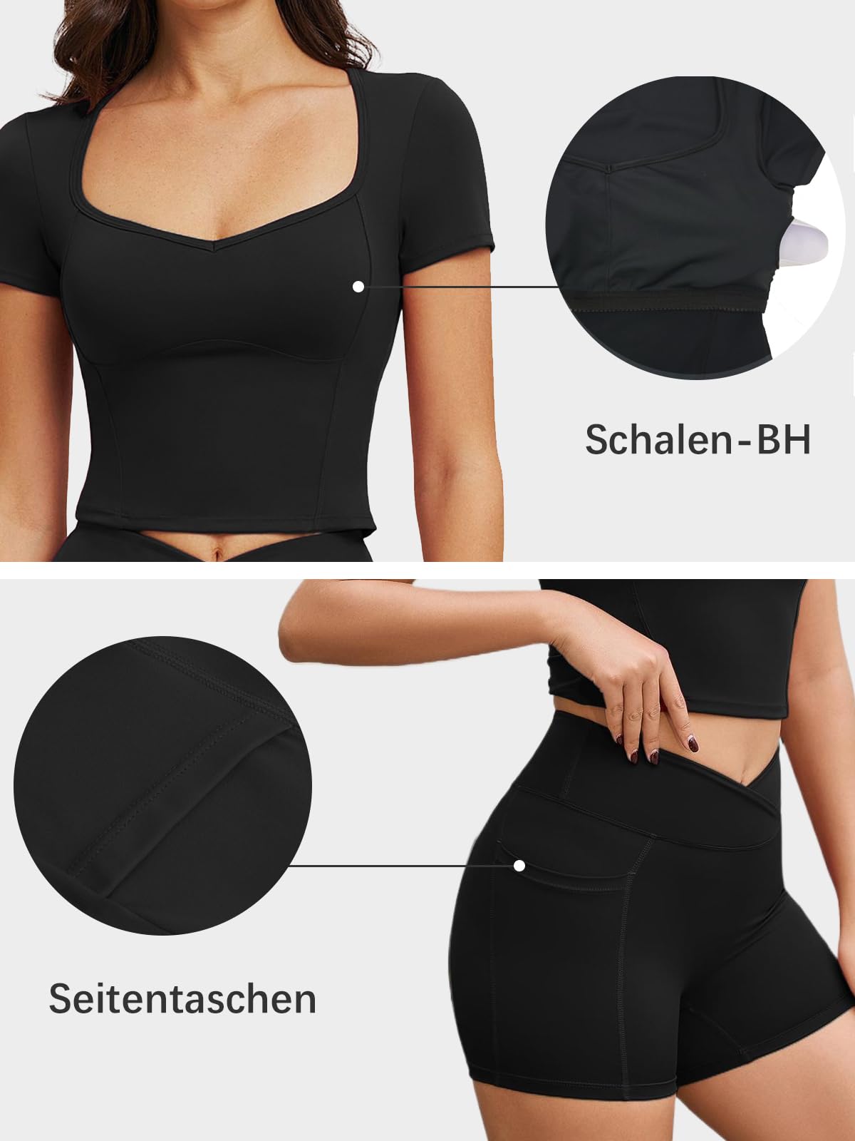 Ecupper Damen Yoga Workout 2-teiliges Set Kurzarm Sportanzug | Damen Workout 2-teiliges Set mit Herzausschnitt und Pads, mit Seitentaschen & gekreuztem Taillenbund, Fitness Outfit Gym Set