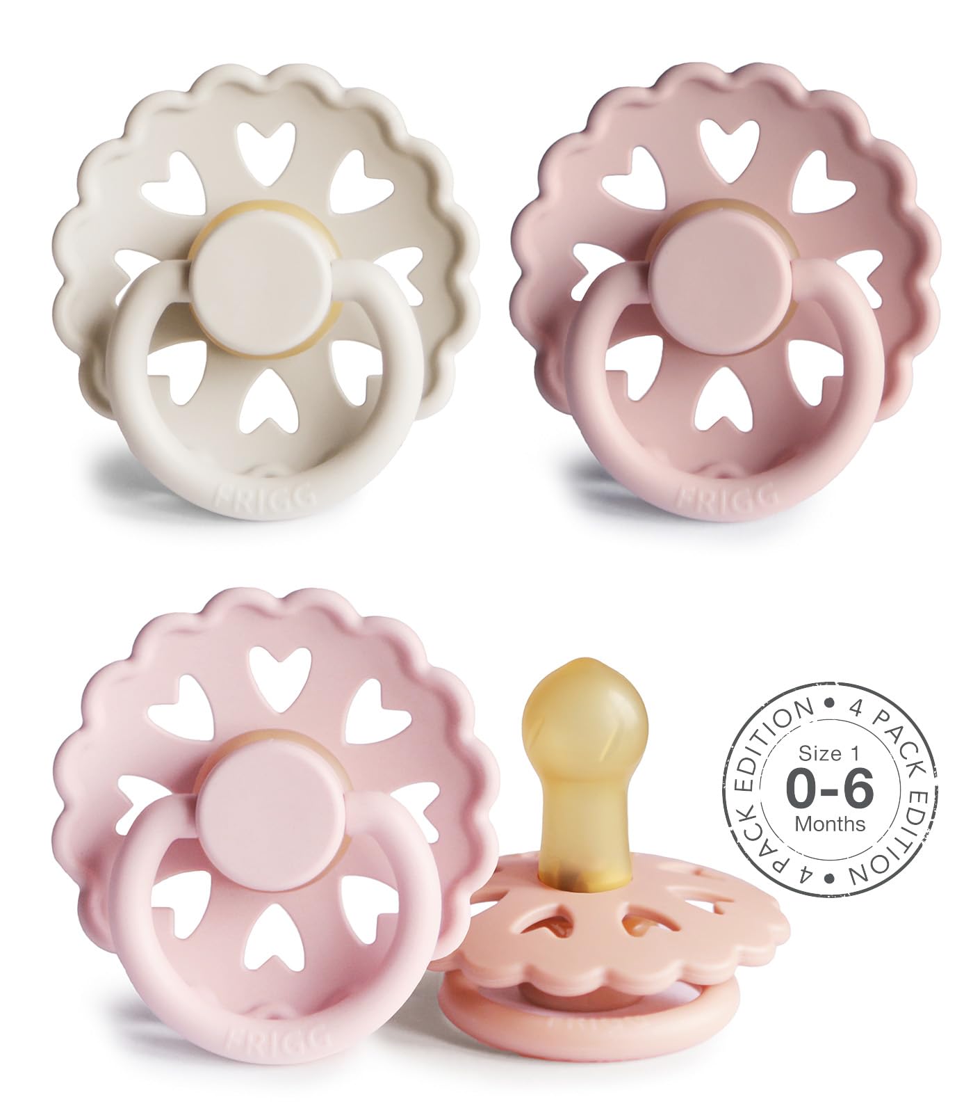 FRIGG Fairytale Latex Pacifier | Pack of 4 Pacifiers | Natural Rubber Soother Dummy | BPA-Free | Made in Denmark | Symmetrical Cherry Shaped Nipple | (Meadow Dream, Size 1 (0-6 Months))