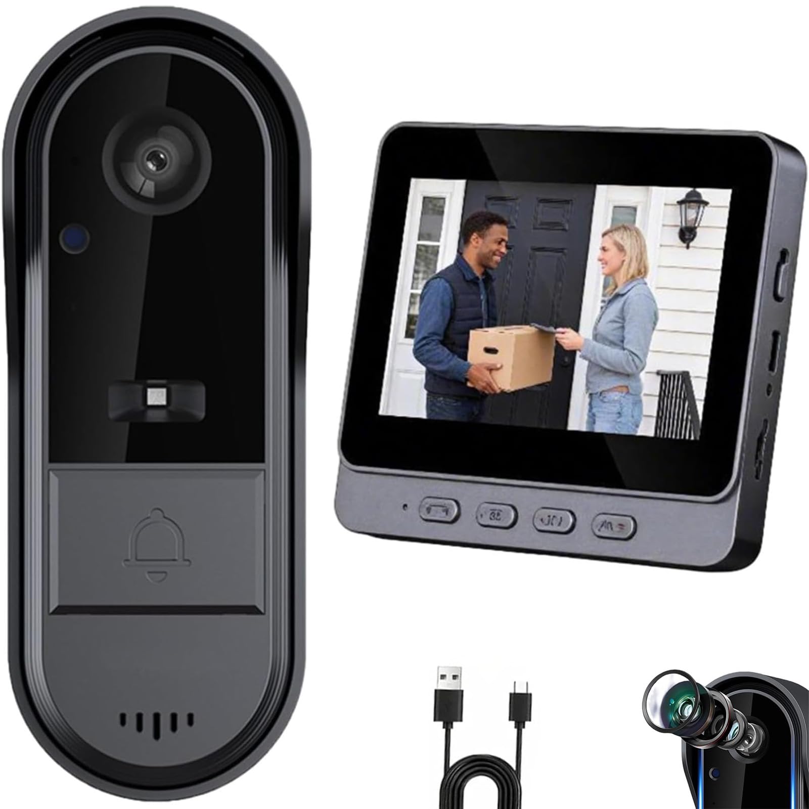 Genérico Timbre con Video Impermeable X8, cámara inalámbrica sin suscripción, intercomunicador de Audio bidireccional, Monitor HD de 4.3", Lente Gran Angular panorámica de 170°, visión Nocturna (A)