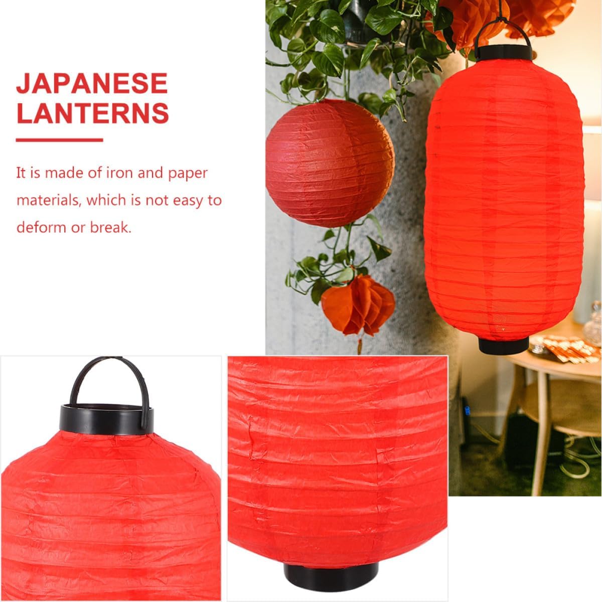 2pcs Red Japanese Style Paper Lanterns LED Battery-Operated Hanging Ornaments for Restaurant and Home Festival Decorations, Bright Red