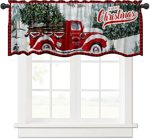 Miniatura 2 de Cenefa de ventana de camión rojo de 54 x 18 pulgadas, diseño de bosque de invierno, nieve, hogar, cocina, comedor, decoración, suministros de tela
