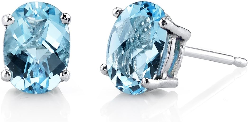 Peora Swiss Blue Topaz Earrings for Women 14K White Gold, Genuine Gemstone Classic Solitaire Studs, 7x5mm Oval Shape, 2 Carats total, Friction Back, Blue Earrings, December Birthstone Earrings