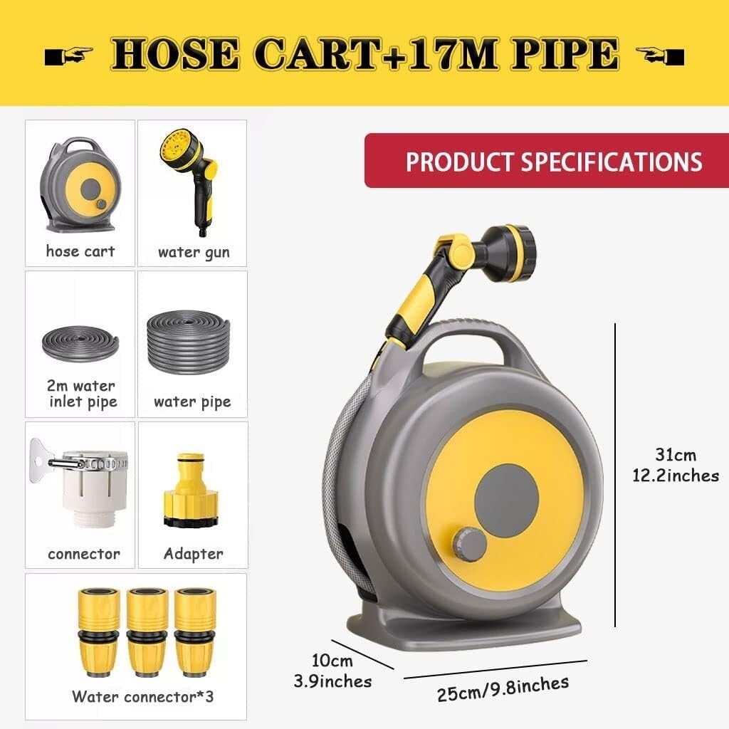 Carrete para manguera de agua, juego de herramientas de agua a alta presión, carrito portátil compacto para manguera de jardín, soporte integrado para mangueras de baño de mascotas (color: amarillo,