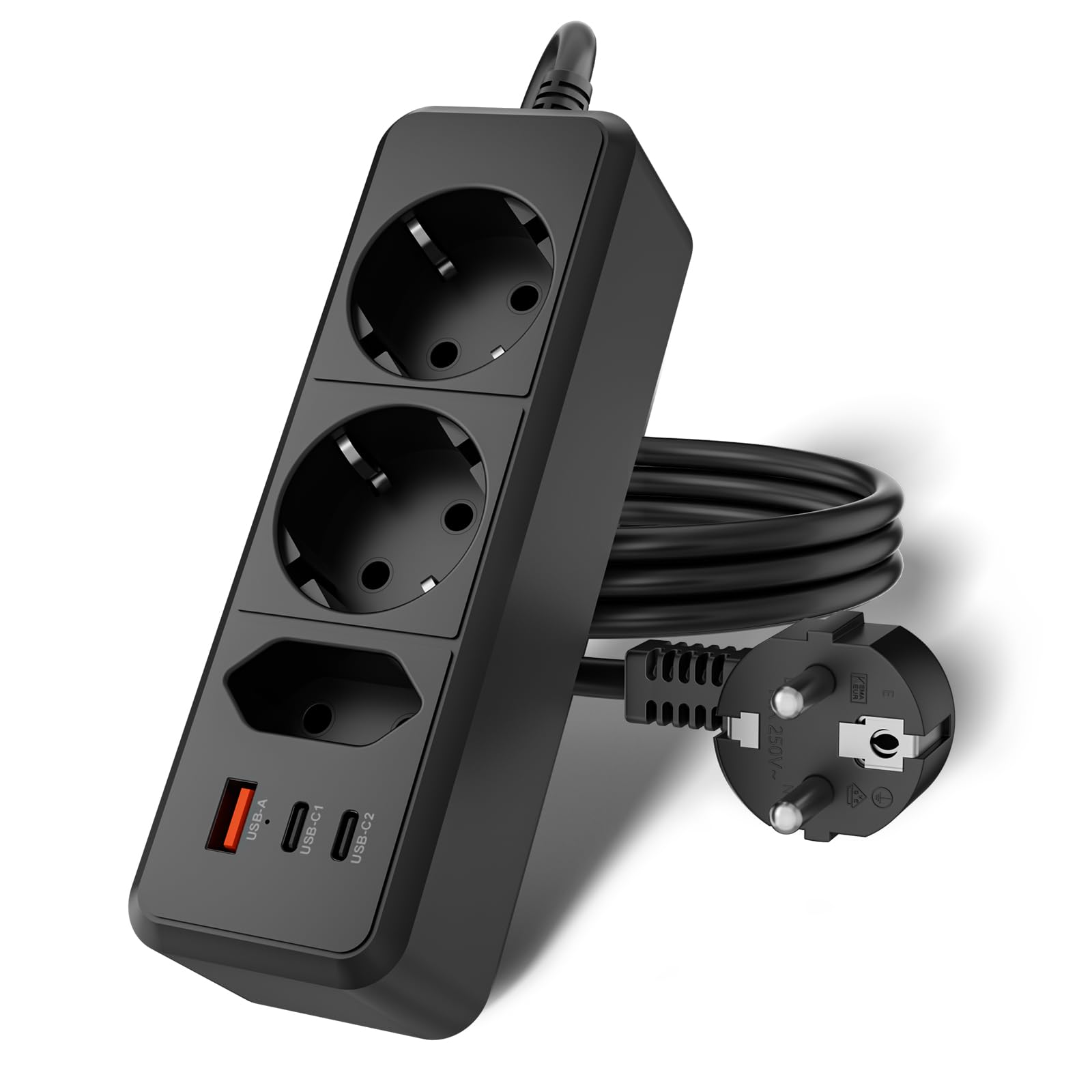 Regleta Enchufes de 3 Tomas Corrientes y 1 USB-A y 2 USB-C, 2500W Regleta Base Multiple 10 A, Montaje en Pared con Cable 1.5M, per Ufficio, Famiglia, Cucina e Viaggio, Negro