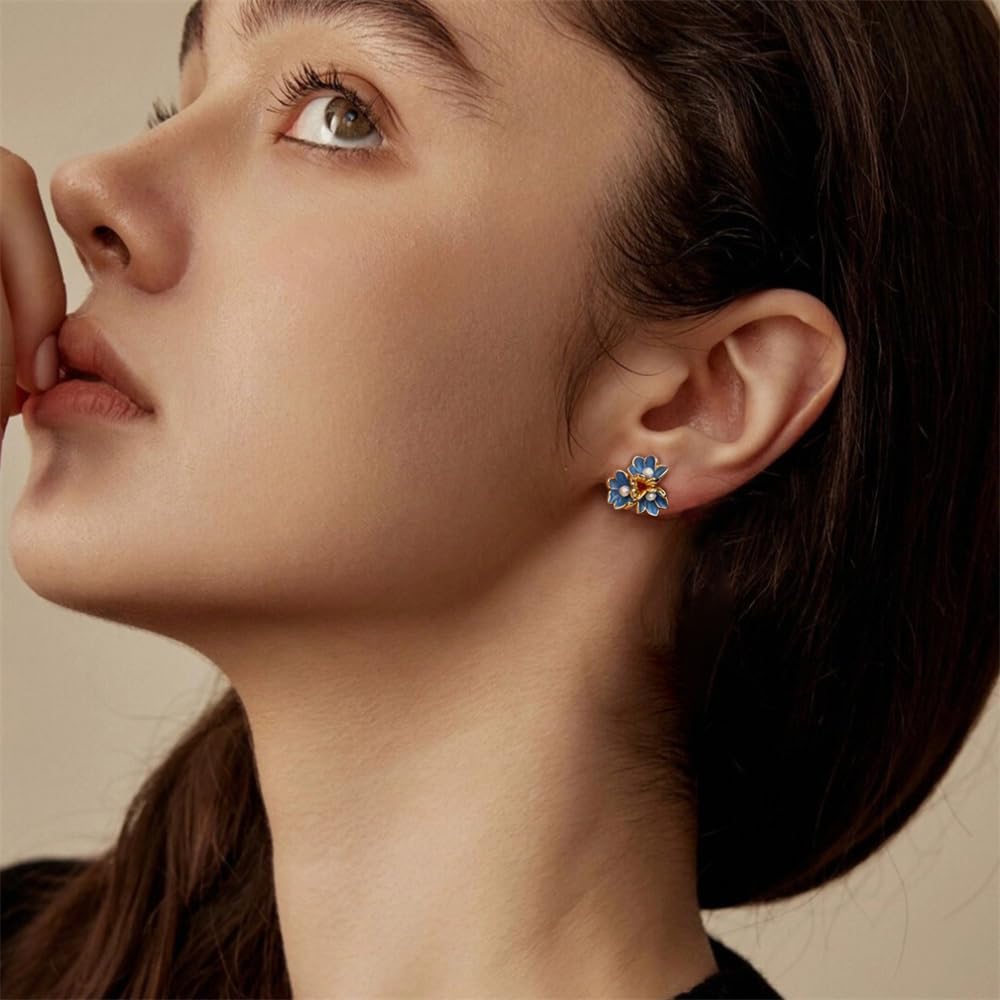 Boho Blue Flower Pearl Stud Earrings for Women Sterling Silver Posts Gold-Tone Plated Chic Enamel Floral Petal Piercing Studs Birthday Holiday Wedding Party Trendy Jewelry