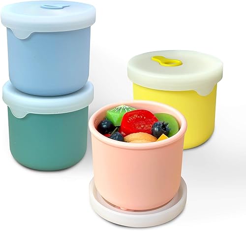 Recipientes de silicona para almacenamiento de alimentos de 1 taza con tapas, paquete de 4 recipientes reutilizables de 8.5 onzas para refrigerios y