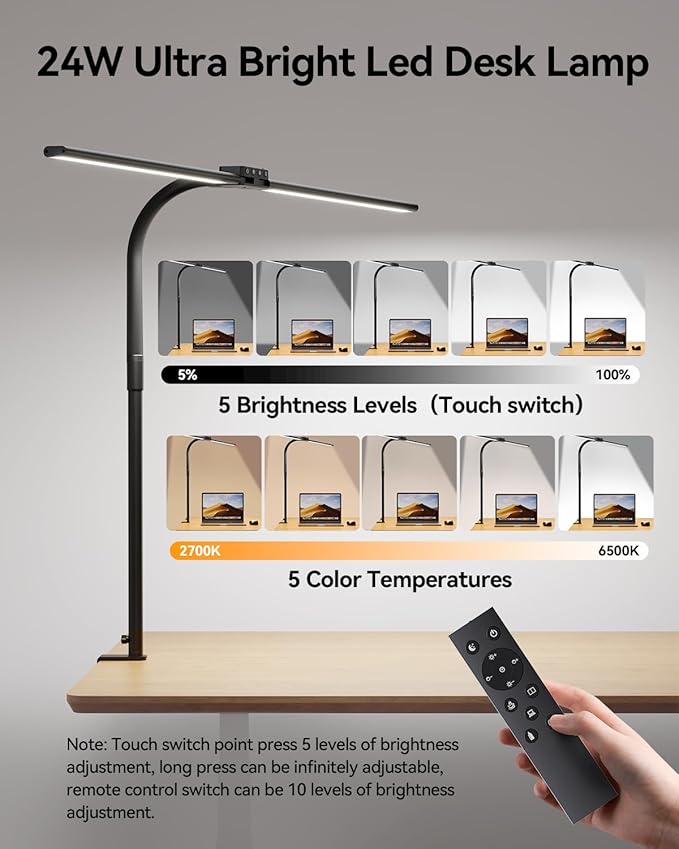 AUSDOM AUSDOM LED Desk Lamp for Home Office, 24W Ultra Bright Architect Task Light with Clamp & USB Port, 5 Colors & Dimming Touch Control, Flexible Gooseneck for Reading, Crafting, Gaming- 50 Lighting Modes photo 3