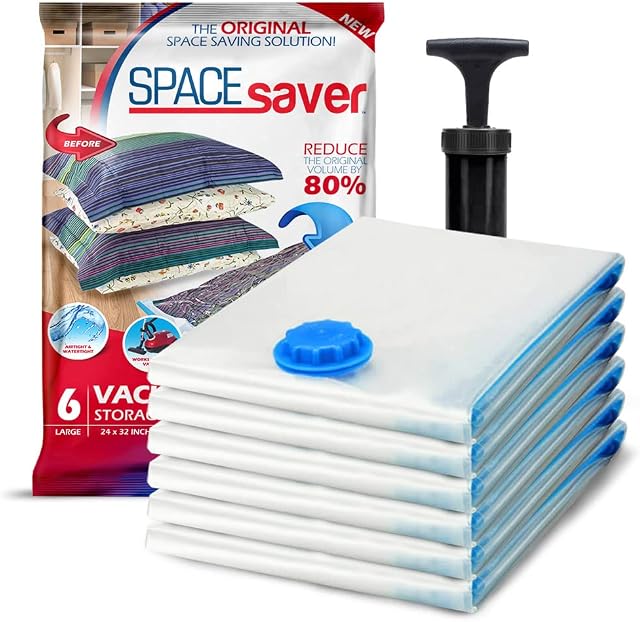 Spacesaver Premium Vacuum Storage Bags, 80% More Storage, Hand-Pump for Travel, Vacuum Sealer Bag with Double-Zip Seal and Triple Seal Turbo-Valve for Max Space Saving in storage bag (Large 6 Pack)