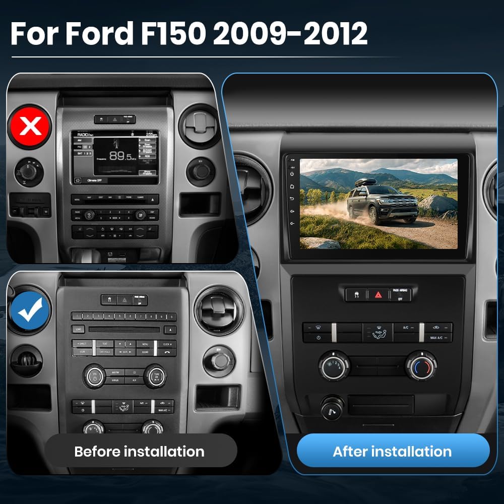 Side-by-side comparison of a Ford F150 dashboard before and after installing the AWESAFE car stereo, showing the seamless integration.