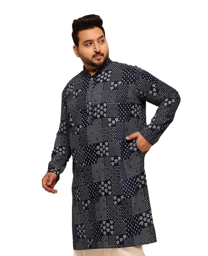 Image of SOJANYA Plus (Since 1958) Men's Cotton Blend Sanganeri Printed Long Kurta