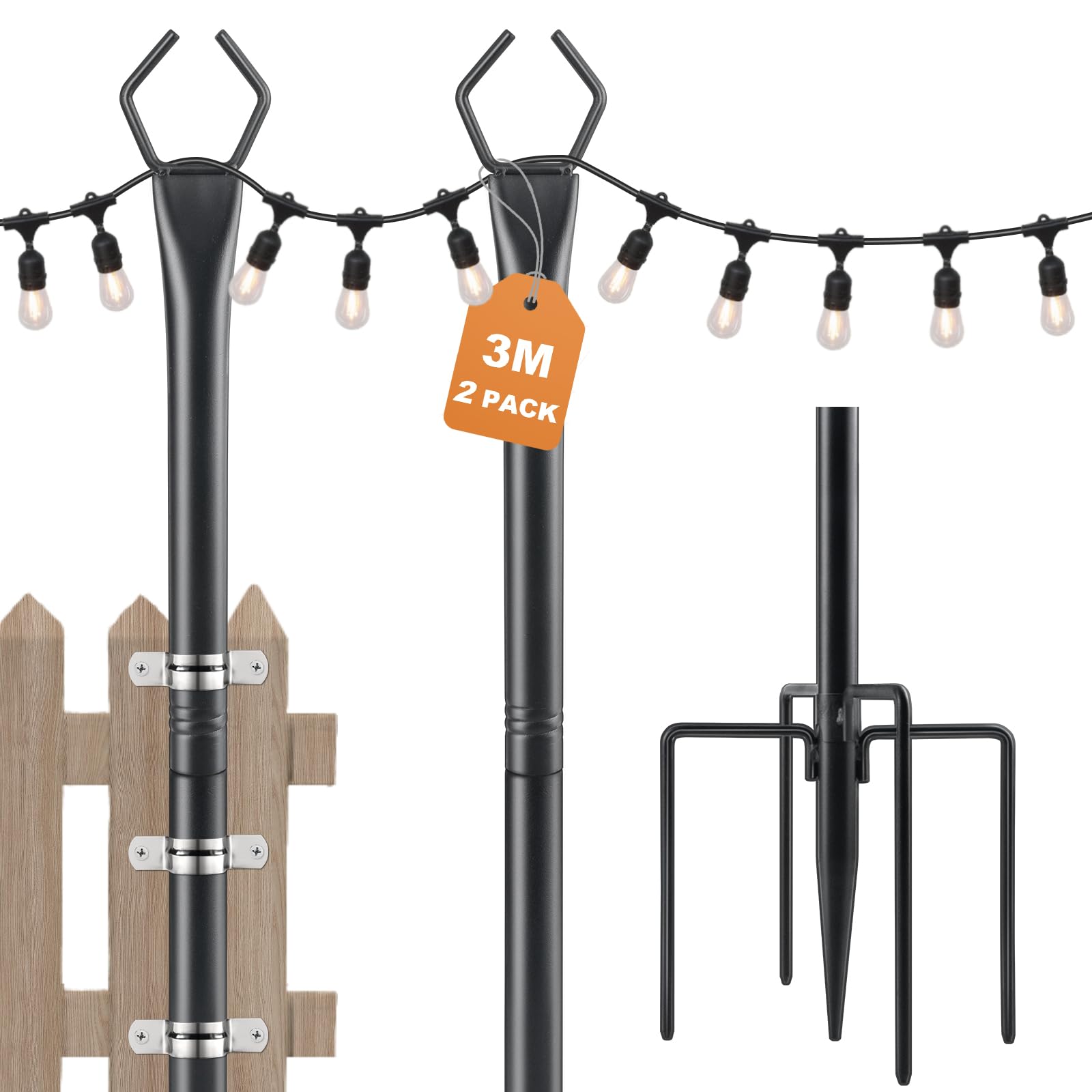 Festoon Light Pole, String Light Poles Metal for Outdoor Outside Garden Christmas Decorations, 3M, 2 Pack