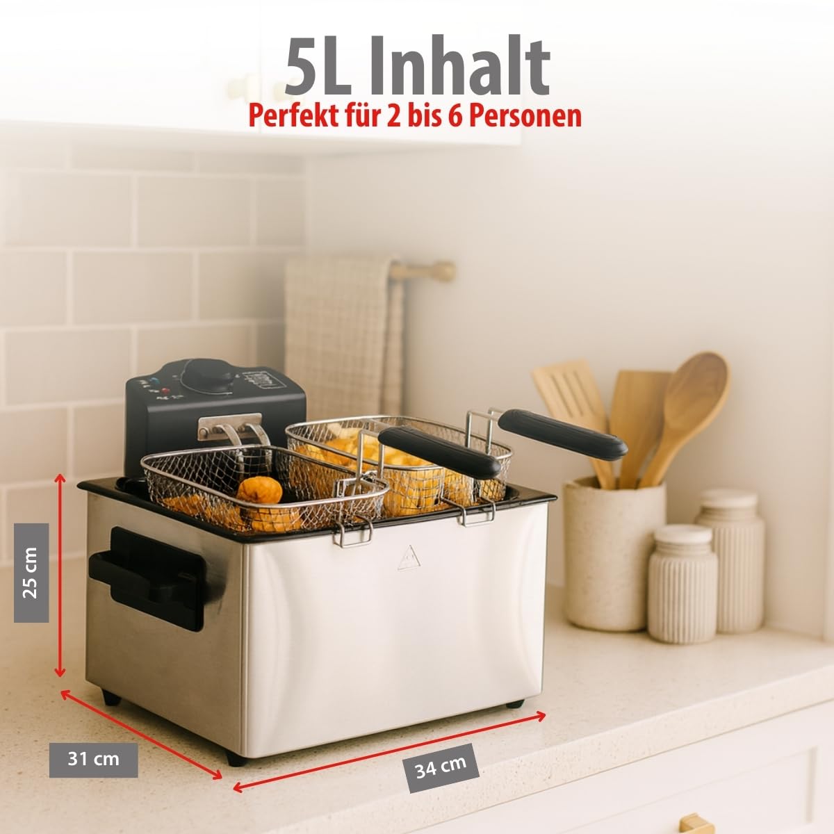 alpina Friteuse 5L - Doppel Fritteuse mit verstellbarem Thermostat - Fritöse mit Öl und 3 herausnehmbaren Körben - Deep Fryer 2000 W - 27,5 x 21,5 x 30,5 cm - Edelstahl, Silber