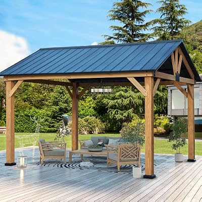 MELLCOM 11x13 FT Cedar Wood Framed Gazebo, Outdoor Hardtop Gazebo with Powder Coated Metal Roof for Patios, Gardens, Lawns