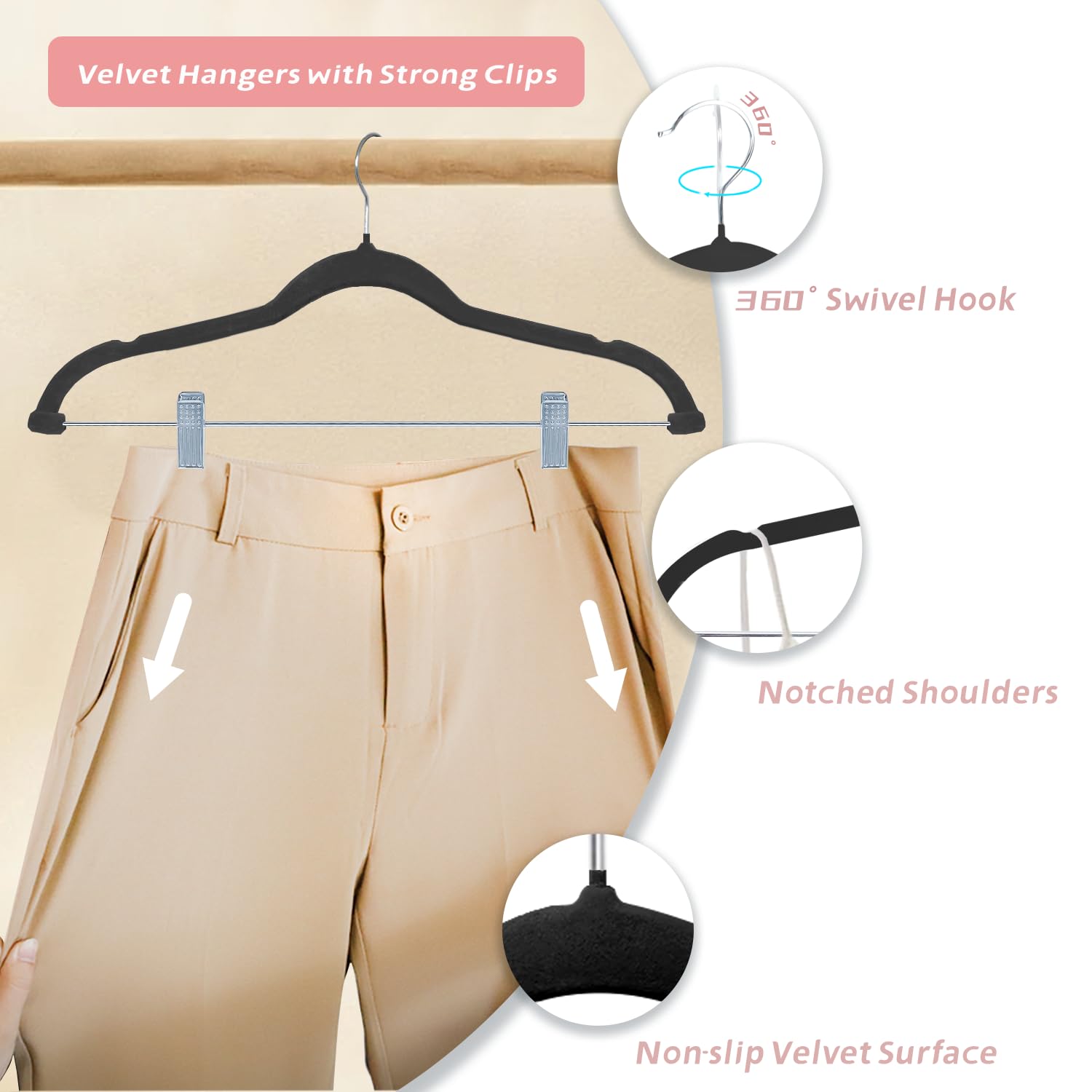 ManGotree Trouser Hangers with Movable Clips, Non-slip Velvet Clothes Hangers, Space-saving Skirt Hangers for Shirts Pants - Image 4